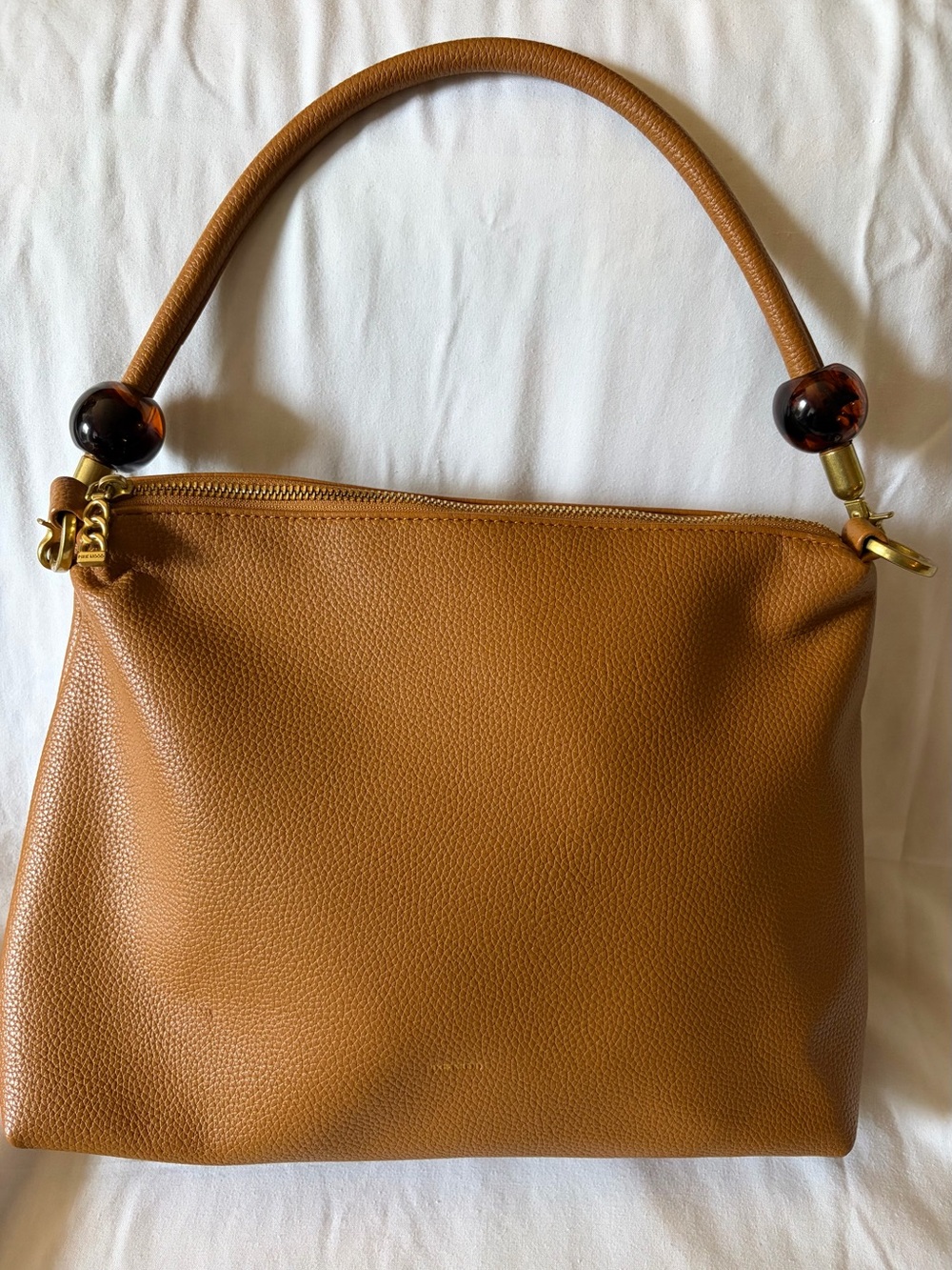 Pixie Mood Tan Pebbled Leather Shoulder Bag with Tortoiseshell Beads